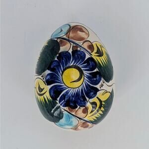Mexican Folk Art Ceramic Egg Trinket Box Talavera Style Blue Floral Hand Painted